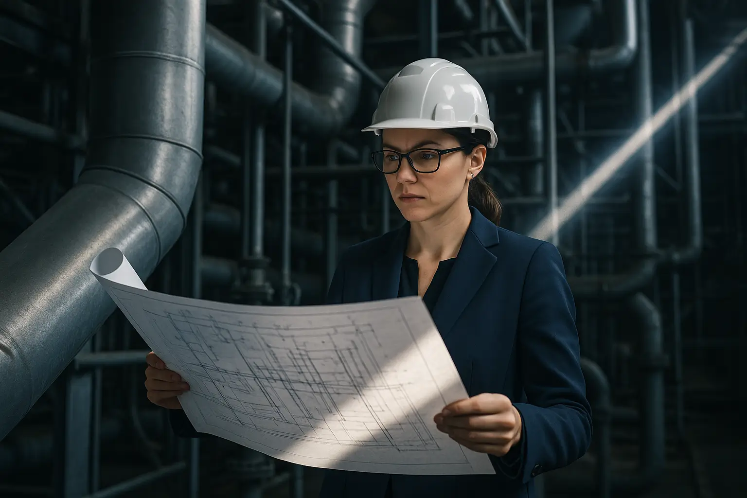 инженер изучает чертёж возле металлических труб