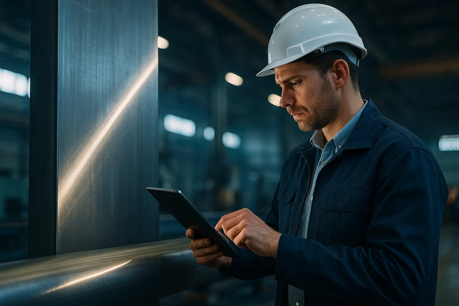 инженер анализирует металлический профиль